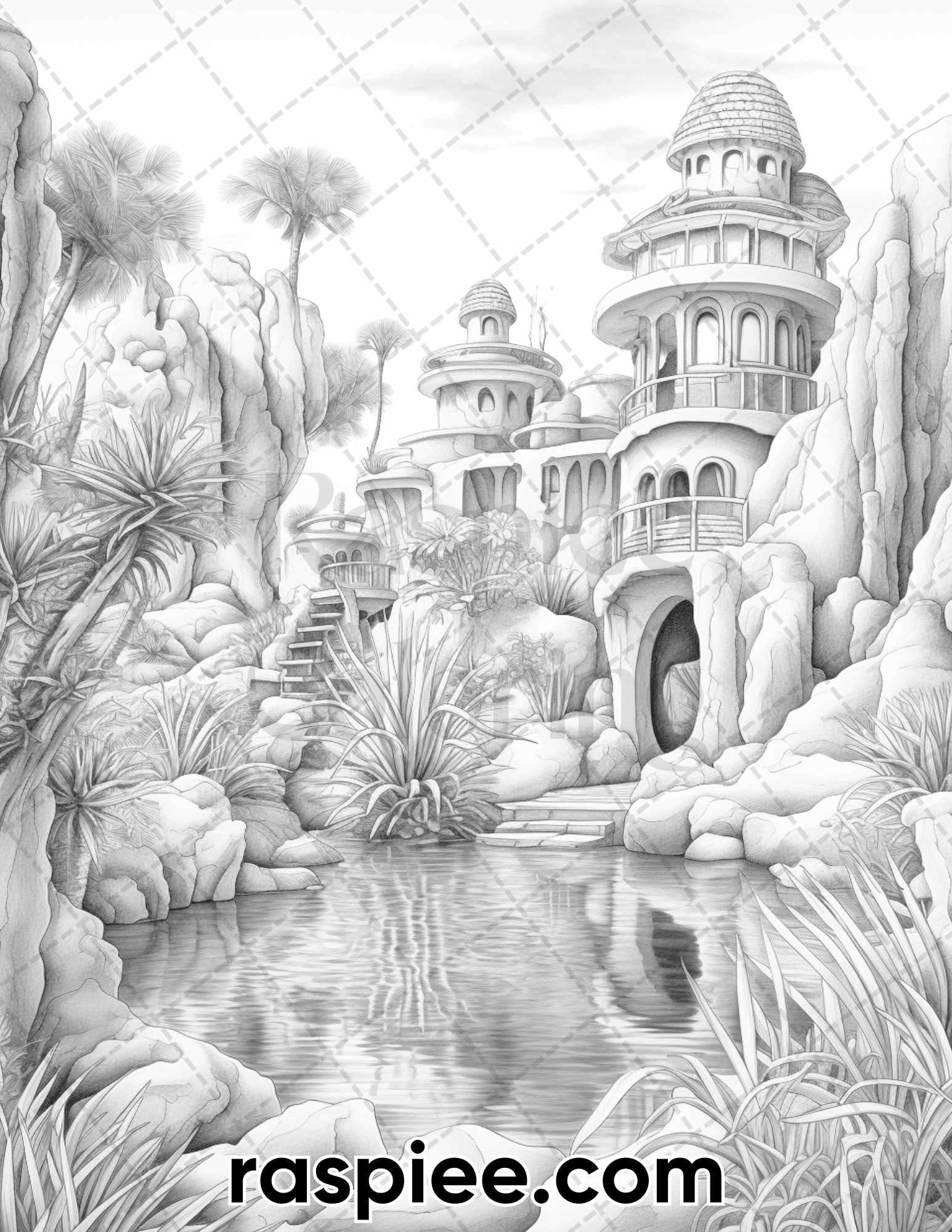 55 Desert Oasis Fairy Homes Grayscale Coloring Pages for Adults, Printable PDF Instant Download