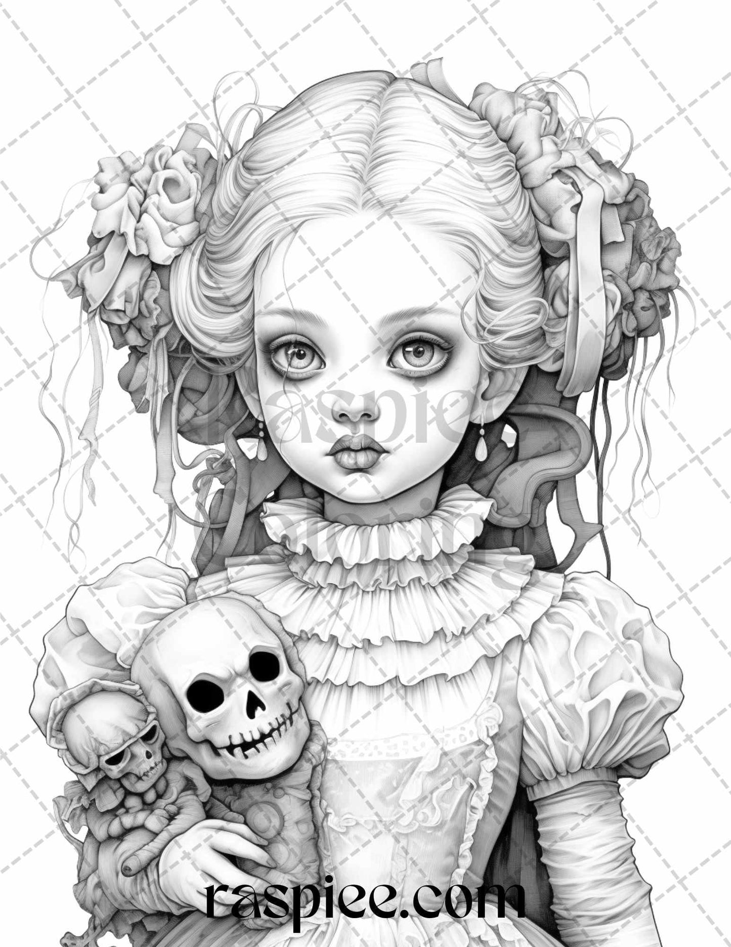 50 Scary Victorian Dolls Grayscale Coloring Pages Printable for Adults, PDF File Instant Download