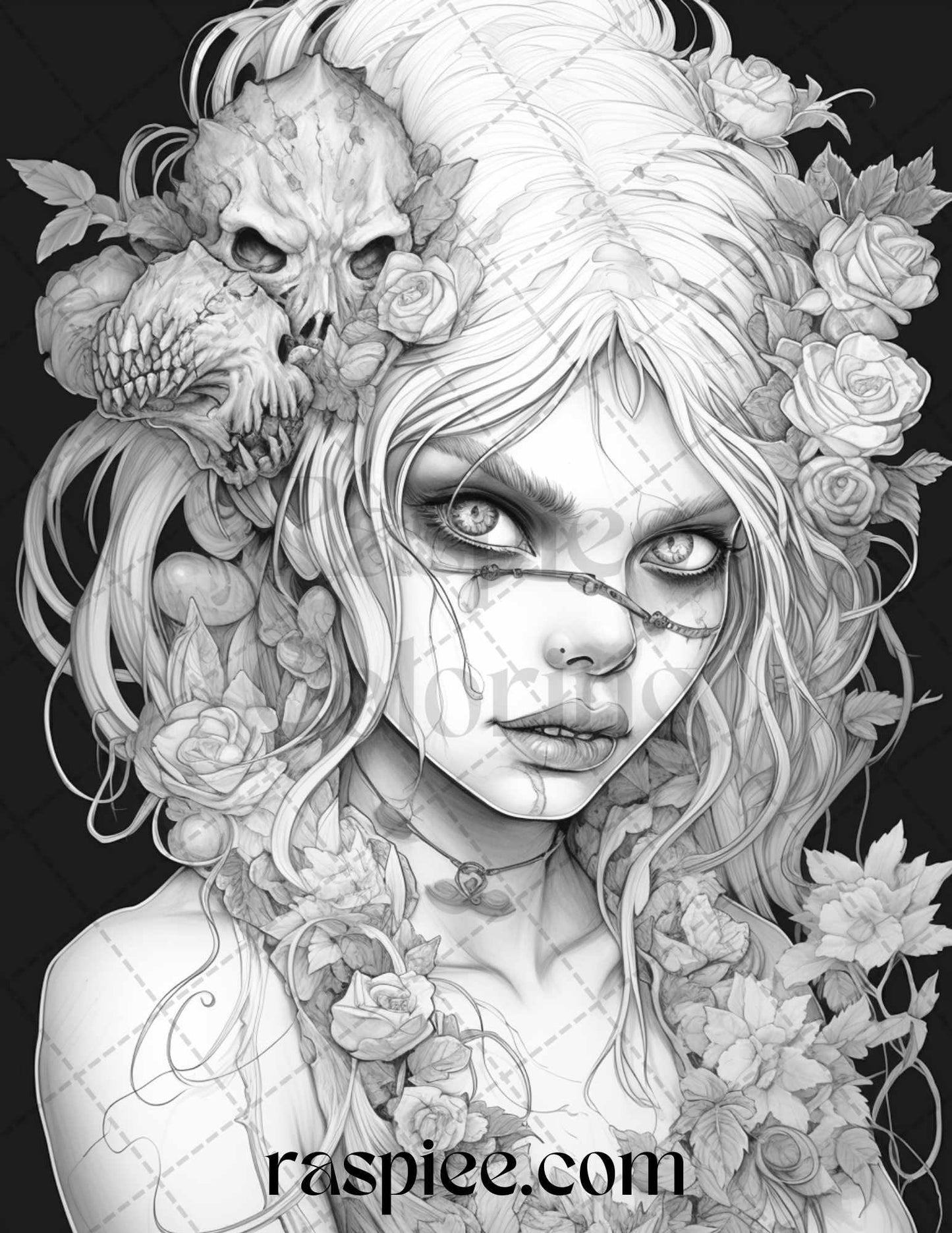 60 Halloween Zombie Fairy Grayscale Coloring Pages Printable for Adults, PDF File Instant Download