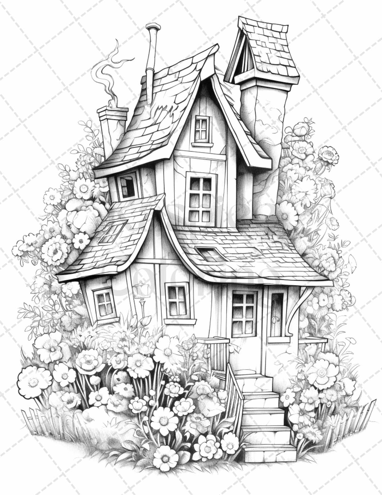 60 Flower Houses Grayscale Coloring Pages Printable for Adults, PDF File Instant Download