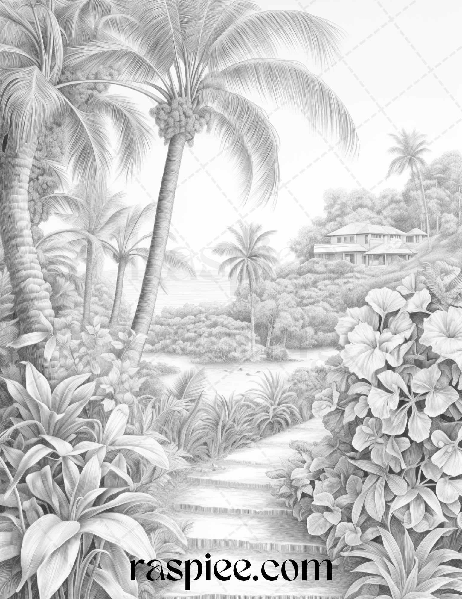 52 Tropical Oasis Grayscale Coloring Pages Printable for Adults, PDF File Instant Download