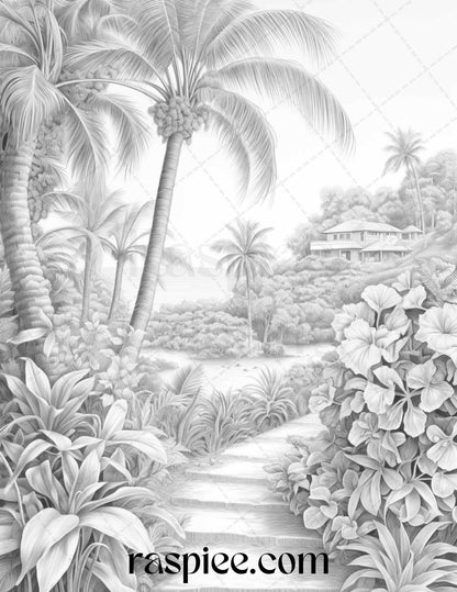 52 Tropical Oasis Grayscale Coloring Pages Printable for Adults, PDF File Instant Download
