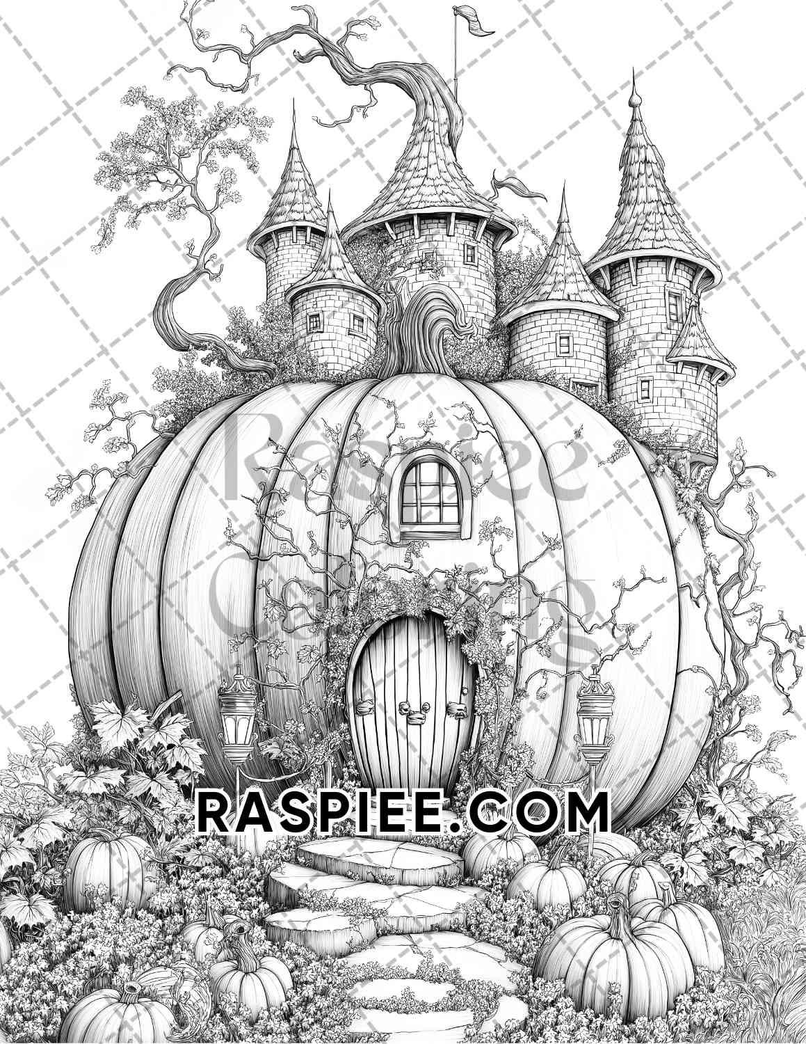 Fantasy Giant Pumpkin Castles Adult Coloring Pages Printable PDF Instant Download