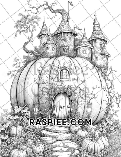 Fantasy Giant Pumpkin Castles Adult Coloring Pages Printable PDF Instant Download