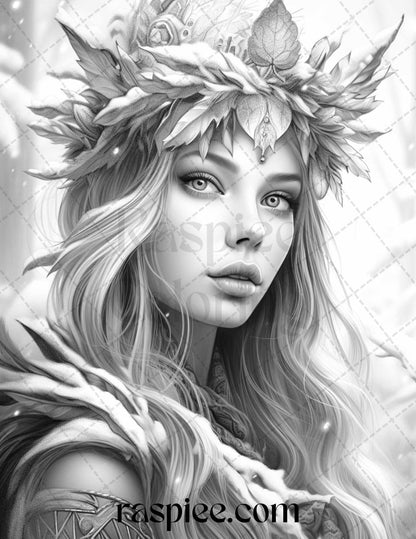 50 Winter Fairy Grayscale Coloring Pages Printable for Adults, PDF File Instant Download
