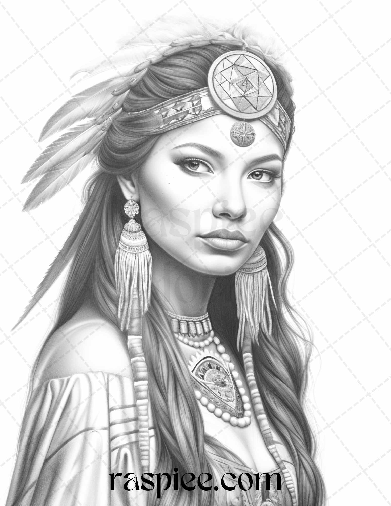 Native American Portrait Grayscale Coloring Pages Printable for Adults, PDF File Instant Download
