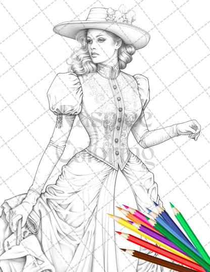 50 Victorian Fashion Grayscale Coloring Pages Printable for Adults, PDF File Instant Download