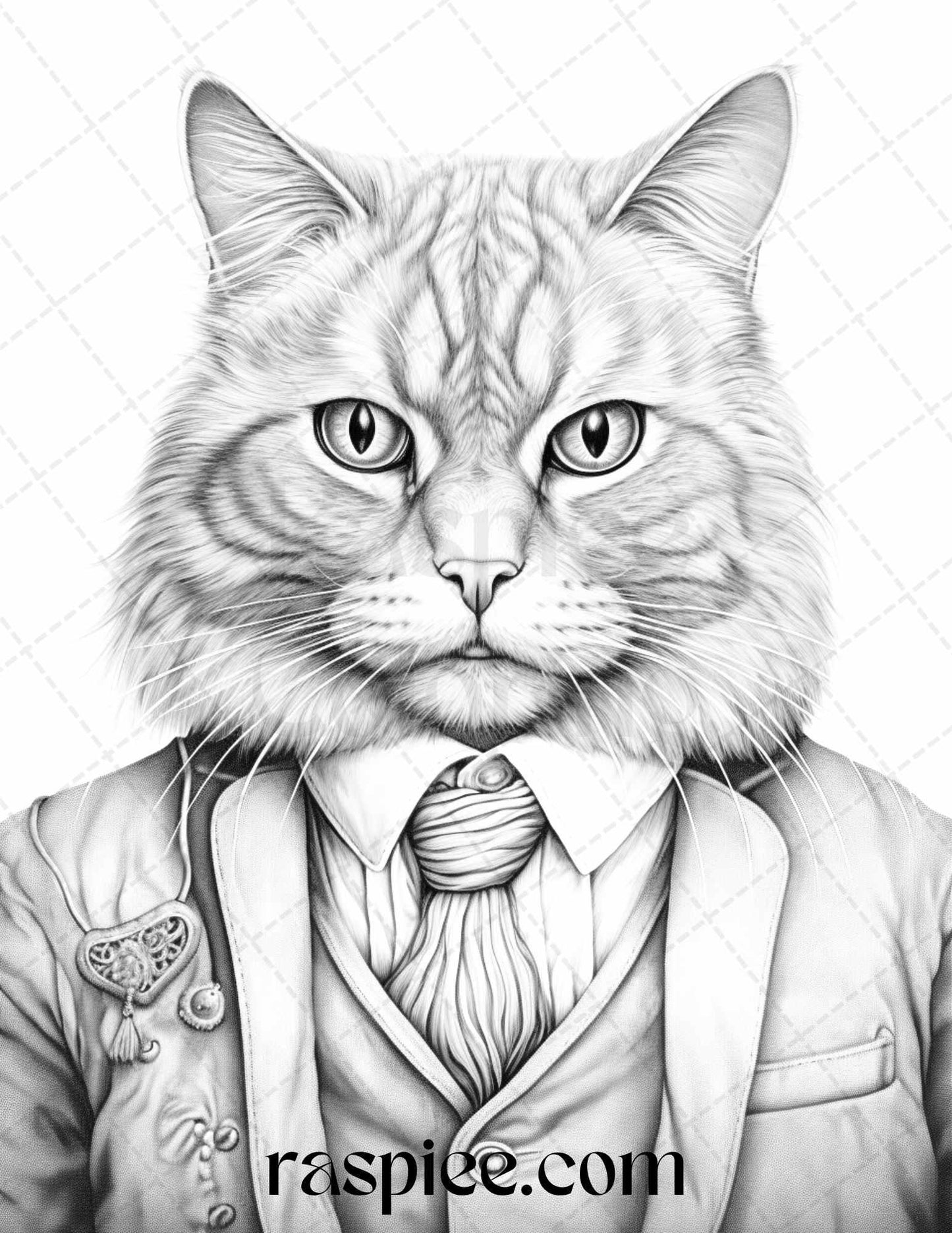 Gentleman Cat Grayscale Coloring Pages Printable for Adults Kids, PDF File Instant Download