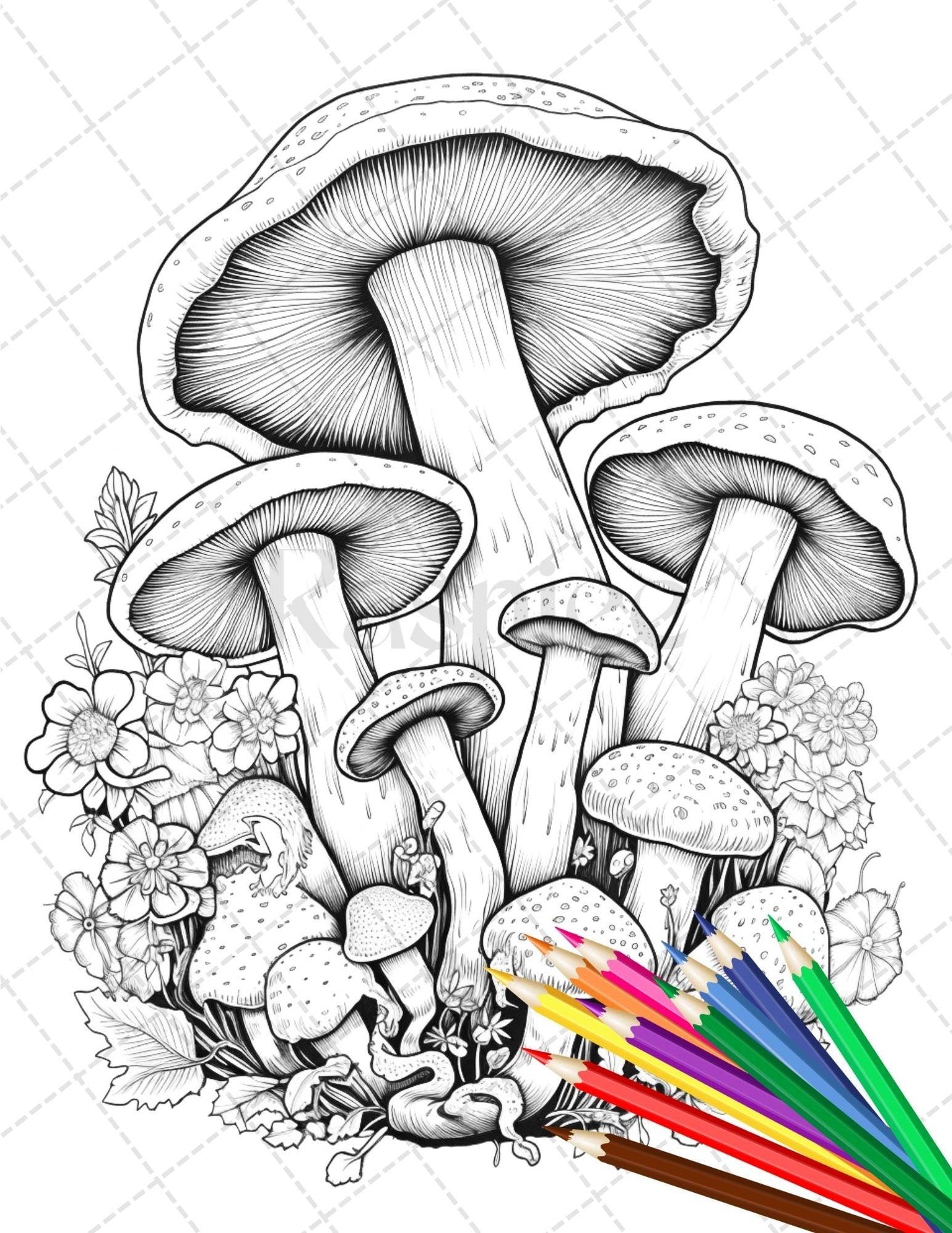 Psychedelic Mushroom Forest Coloring Book Printable for Adults, Trippy Grayscale Coloring Page, PDF File Instant Download