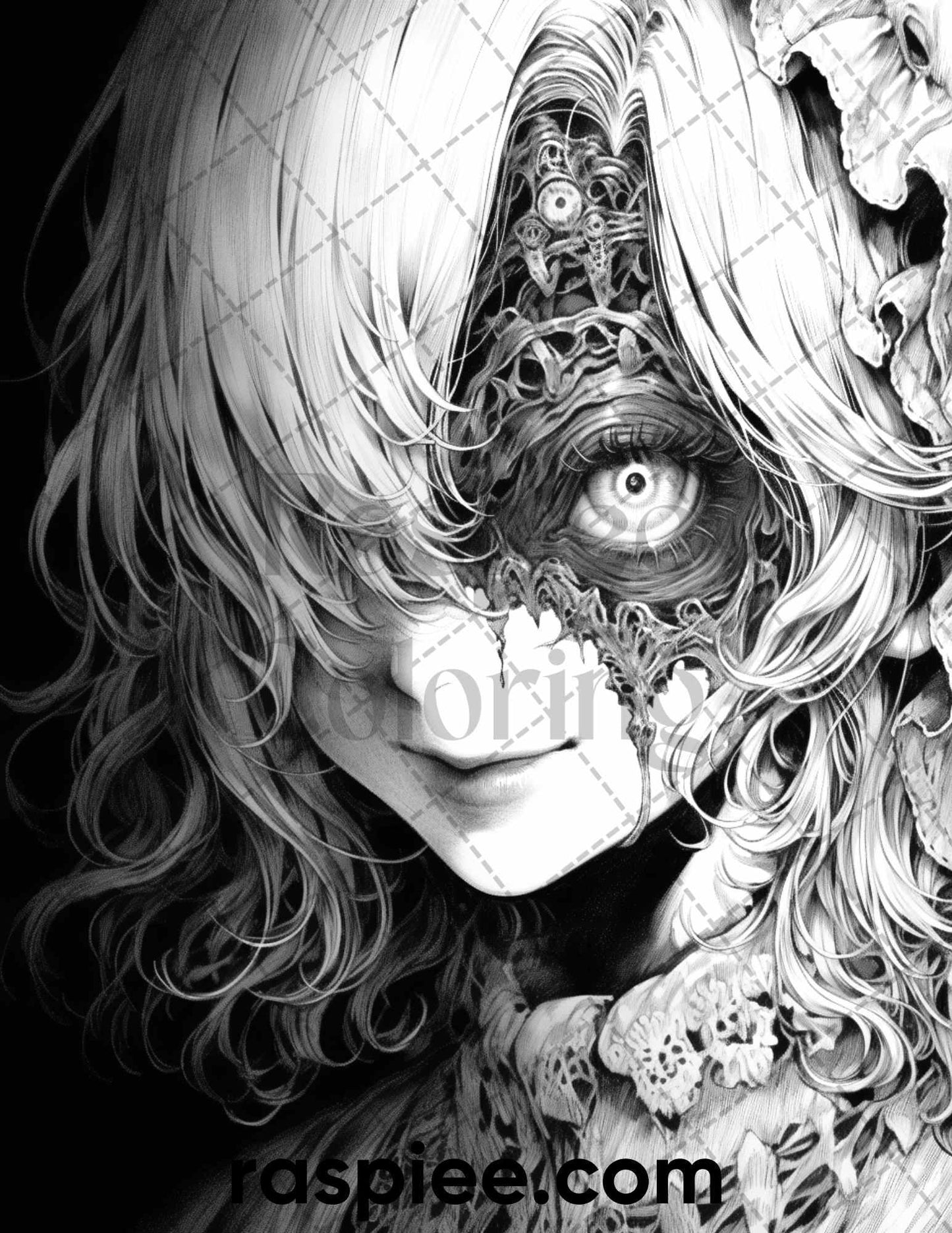 60 Horror Beauties Grayscale Coloring Pages Printable for Adults, PDF File Instant Download