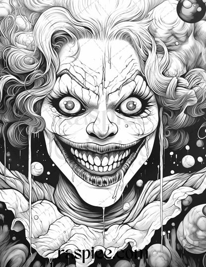 50 Scary Clown Girls Grayscale Coloring Pages Printable for Adults, PDF File Instant Download