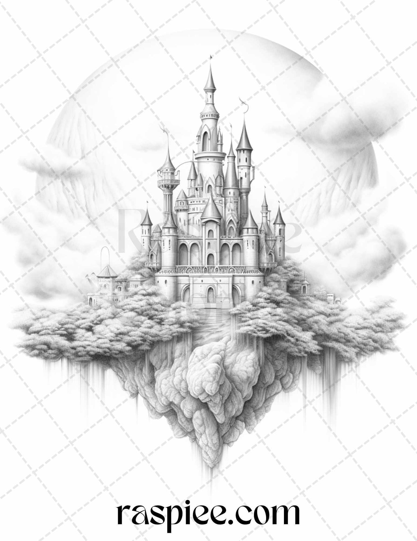 Floating Castle in the Sky Grayscale Coloring Pages for Adults, Printable PDF File Instant Download