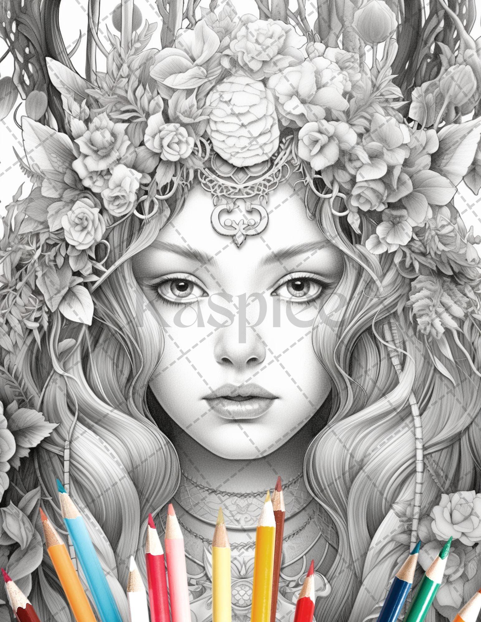 35 Beautiful Printable Elf Girls Coloring Book for Adults, Grayscale Coloring Page, PDF File Instant Download