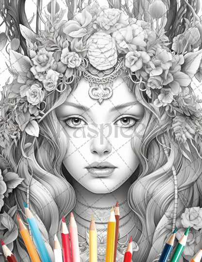 35 Beautiful Printable Elf Girls Coloring Book for Adults, Grayscale Coloring Page, PDF File Instant Download