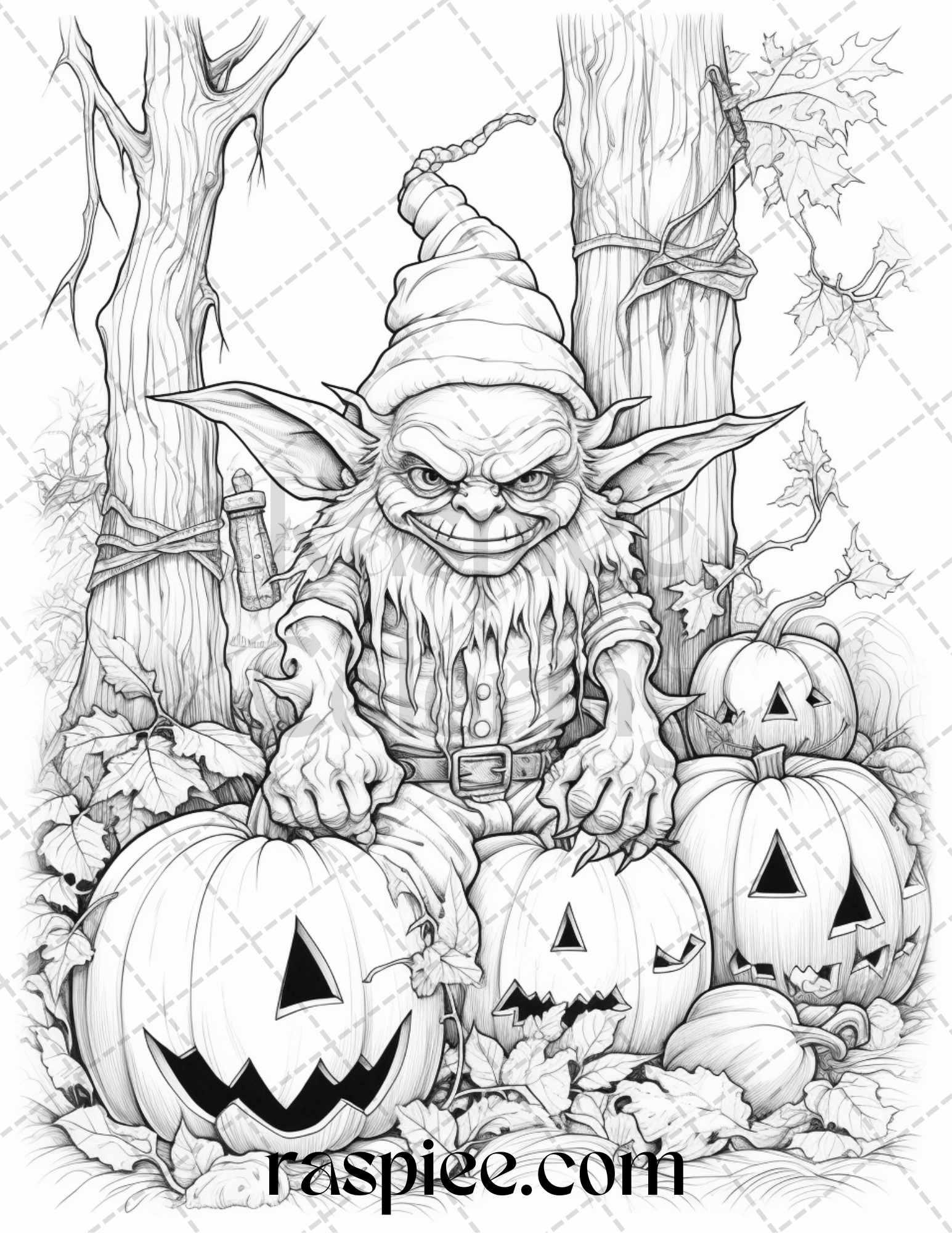 50 Halloween Goblin Grayscale Coloring Pages Printable for Adults, PDF File Instant Download