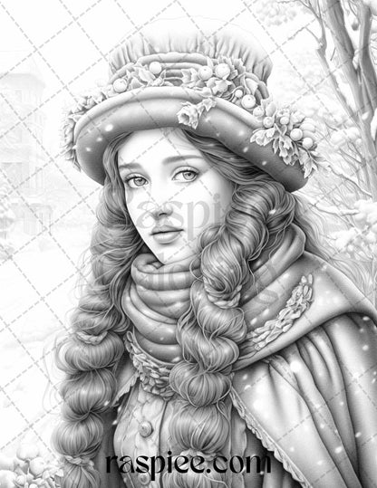 60 Victorian Winter Portrait Grayscale Coloring Pages Printable for Adults, PDF File Instant Download
