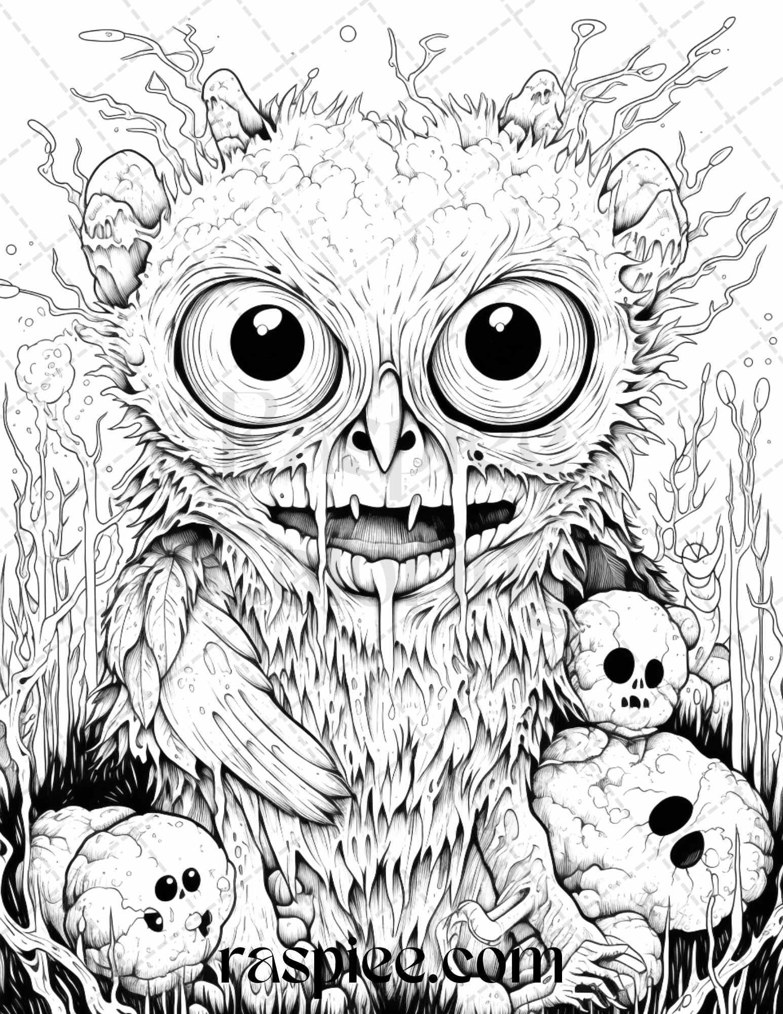 50 Halloween Scary Animals Grayscale Coloring Pages Printable for Adults, PDF File Instant Download