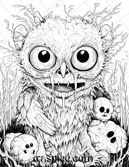 50 Halloween Scary Animals Grayscale Coloring Pages Printable for Adults, PDF File Instant Download