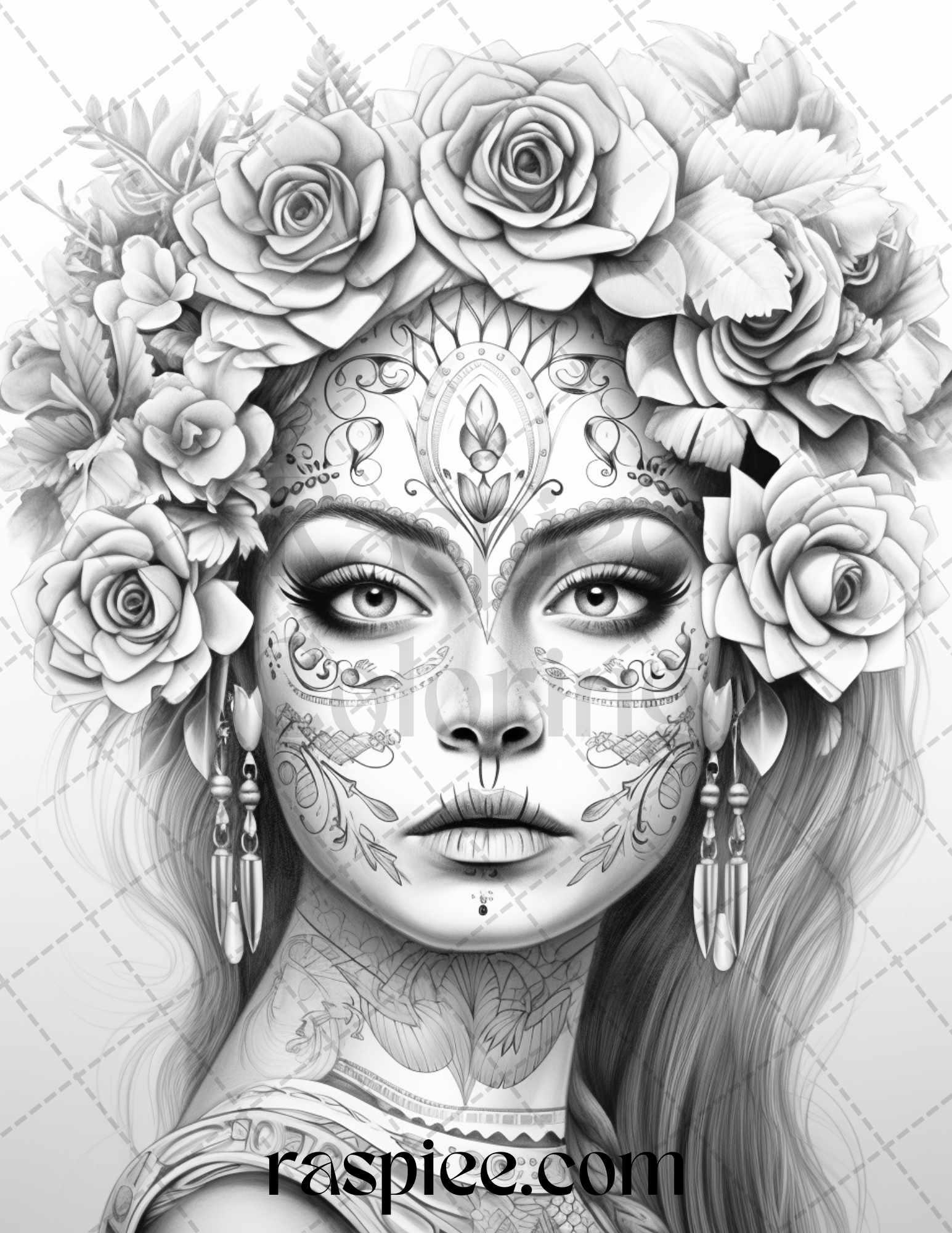 50 Day of the Dead Grayscale Coloring Pages Printable for Adults, PDF File Instant Download