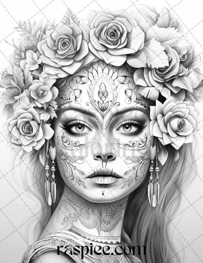 50 Day of the Dead Grayscale Coloring Pages Printable for Adults, PDF File Instant Download