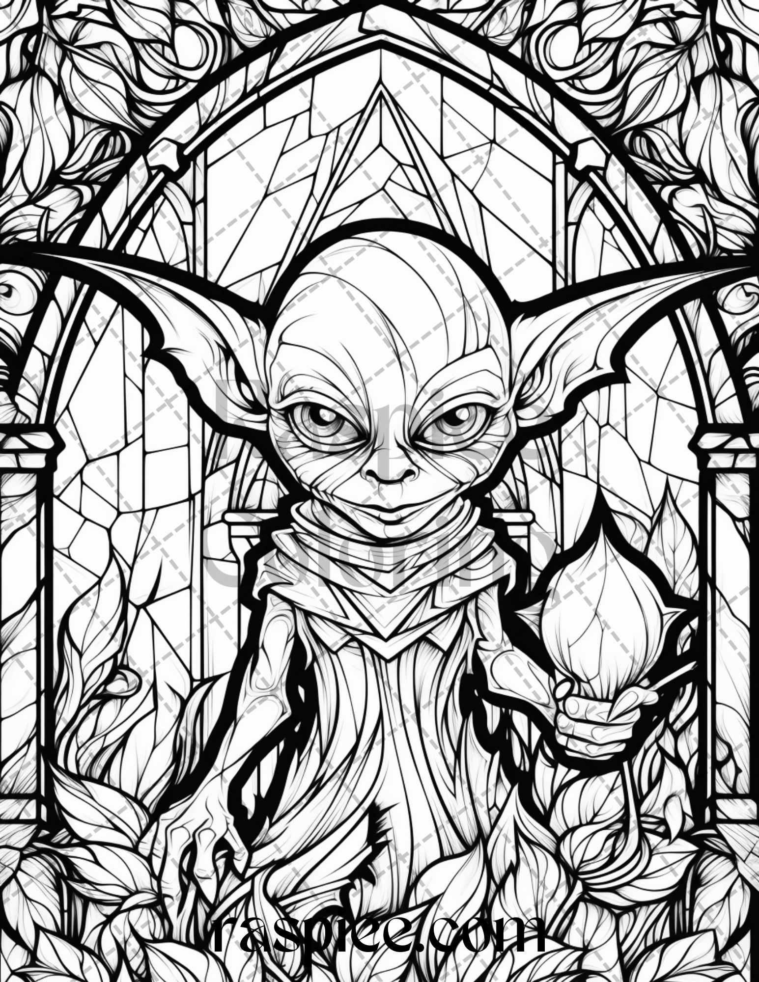 70 Halloween Stained Glass Grayscale Coloring Pages Printable for Adults, PDF File Instant Download