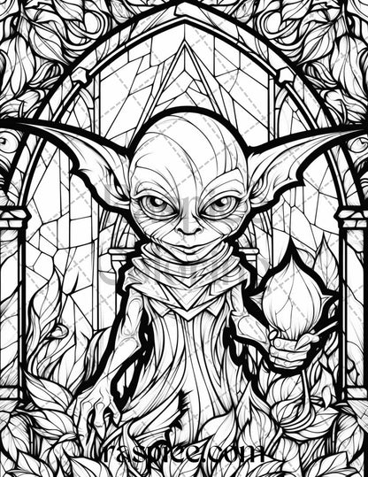 70 Halloween Stained Glass Grayscale Coloring Pages Printable for Adults, PDF File Instant Download
