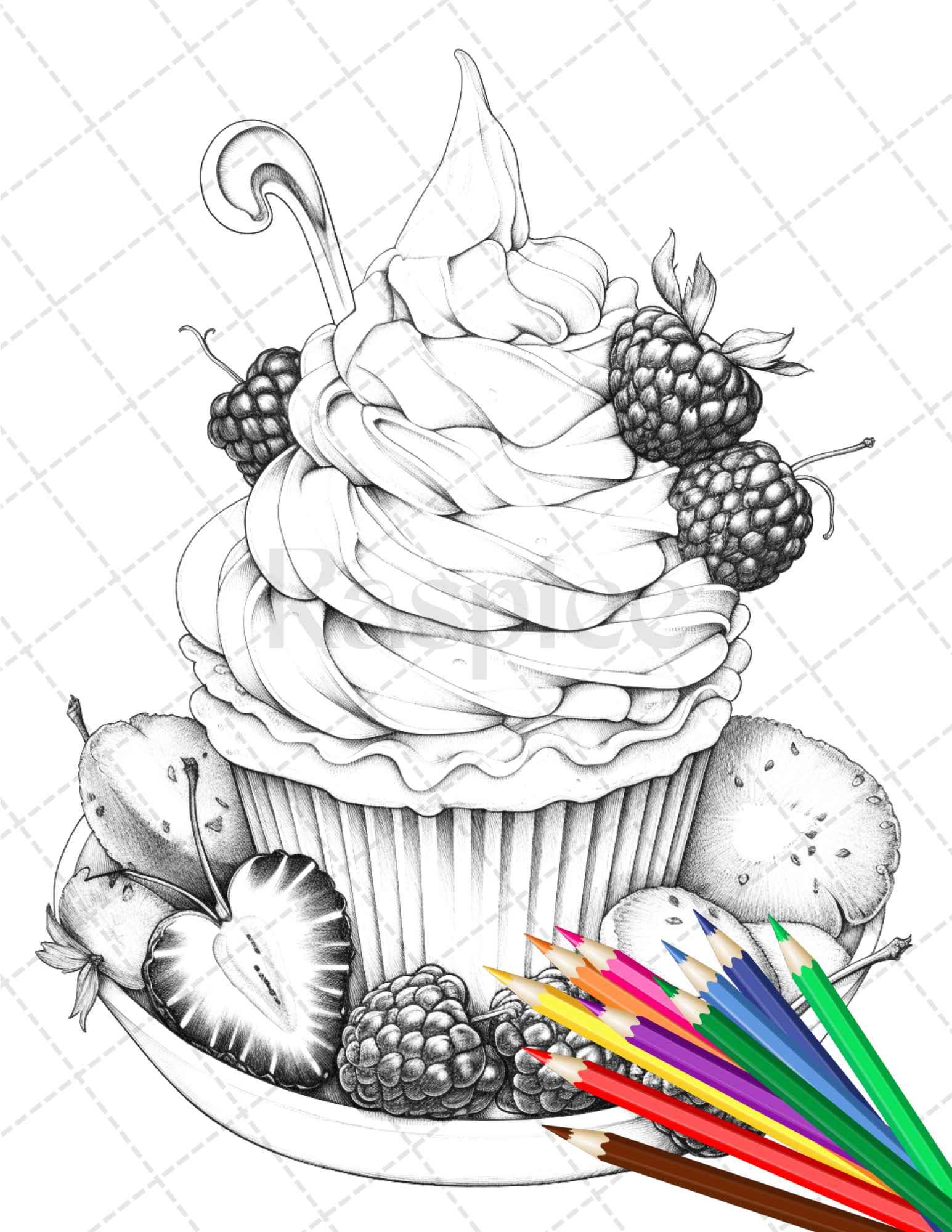 36 Sweet Desserts Coloring Pages Printable for Adults, Grayscale Coloring Page, PDF File Instant Download