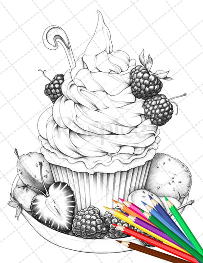 36 Sweet Desserts Coloring Pages Printable for Adults, Grayscale Coloring Page, PDF File Instant Download