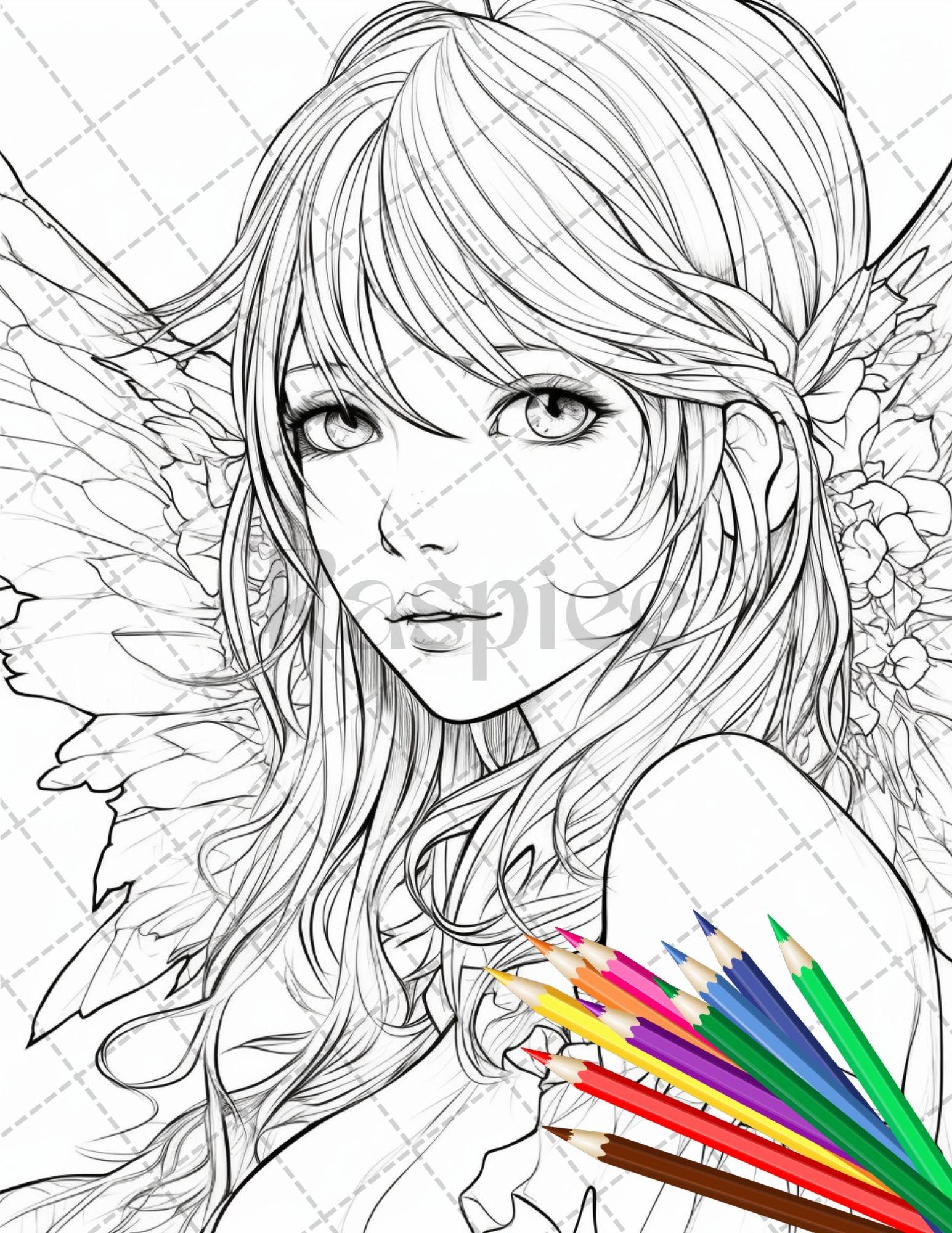 32 Anime Fairy Girl Printable Coloring Pages for Adults, Cute Fairy Grayscale Coloring Book, Printable PDF File Download