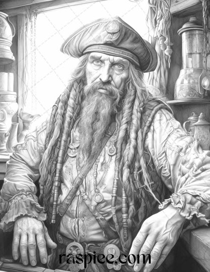 60 Pirate Life Grayscale Coloring Pages Printable for Adults, Stress Relief Coloring, PDF File Instant Download