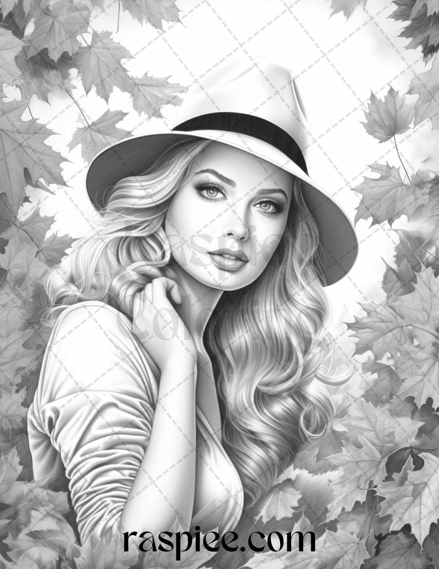 55 Autumn Pin Up Girls Grayscale Coloring Pages Printable for Adults, PDF File Instant Download