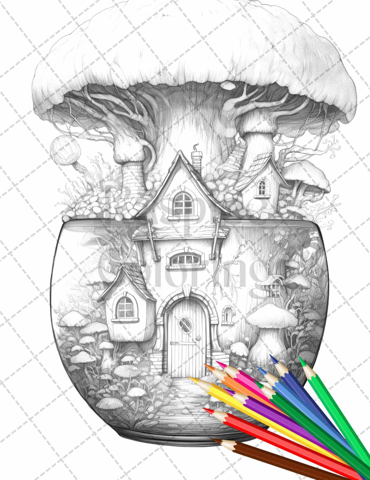 Fairy House in Jar Grayscale Coloring Pages Printable for Adults, PDF File Instant Download