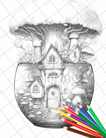 Fairy House in Jar Grayscale Coloring Pages Printable for Adults, PDF File Instant Download