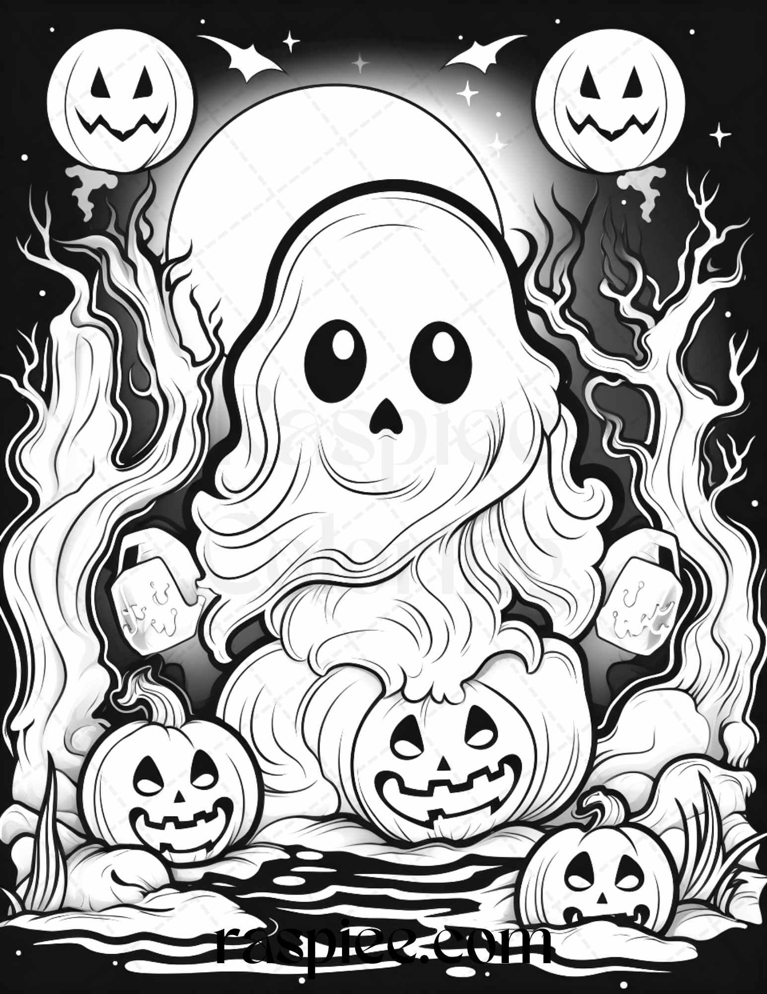 50 Halloween Cute Ghosts Grayscale Coloring Printable for Adults Kids, PDF File Instant Download