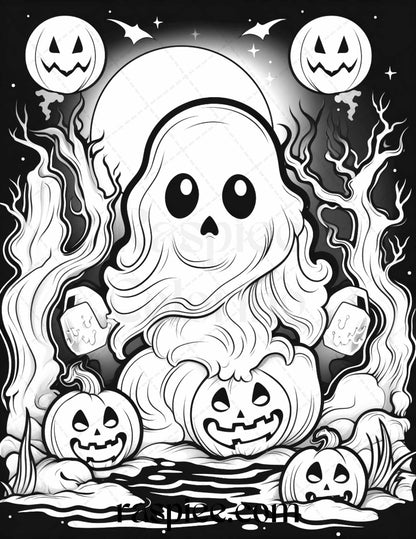50 Halloween Cute Ghosts Grayscale Coloring Printable for Adults Kids, PDF File Instant Download