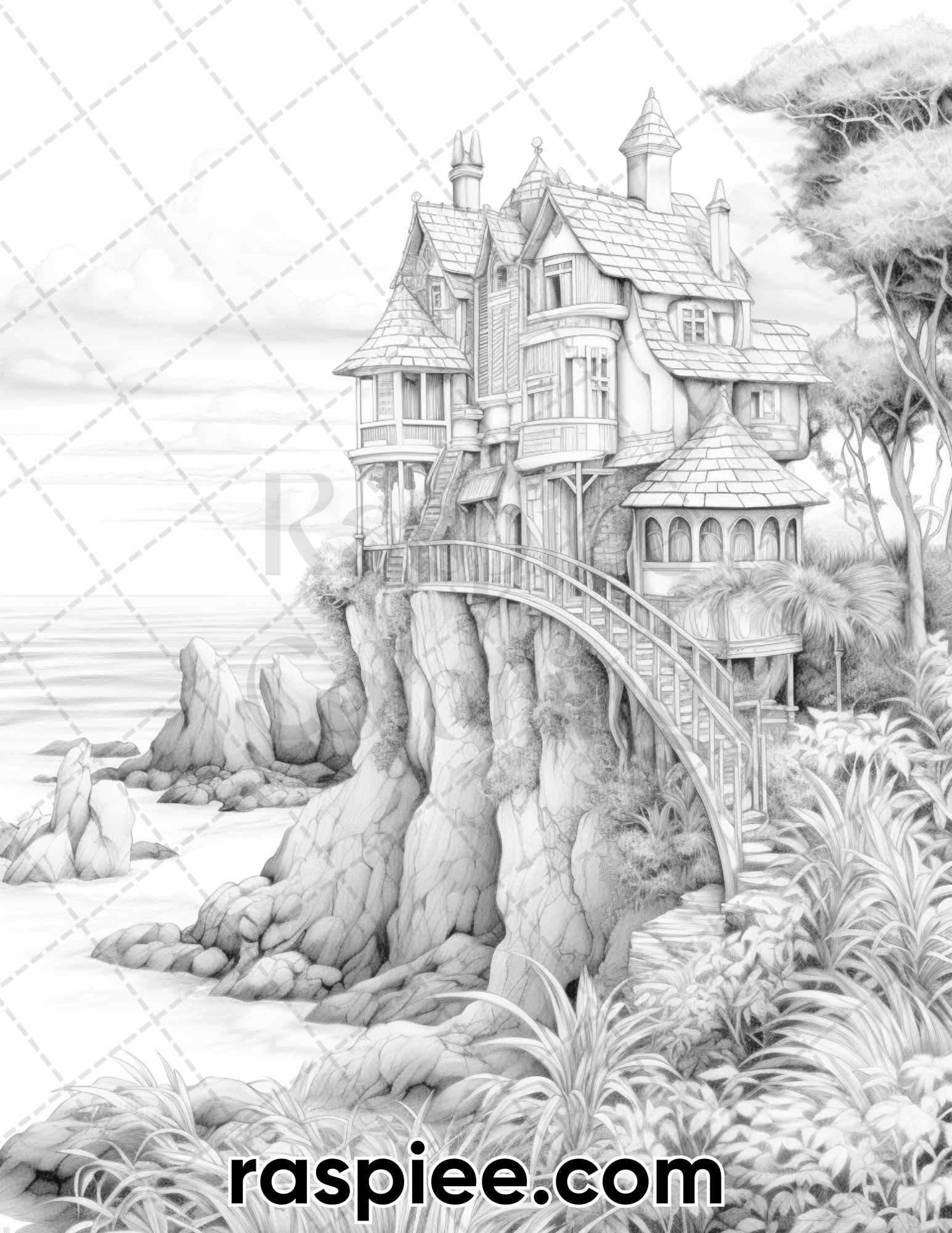 50 Fairy Beach Houses Grayscale Coloring Pages for Adults, Printable PDF Instant Download