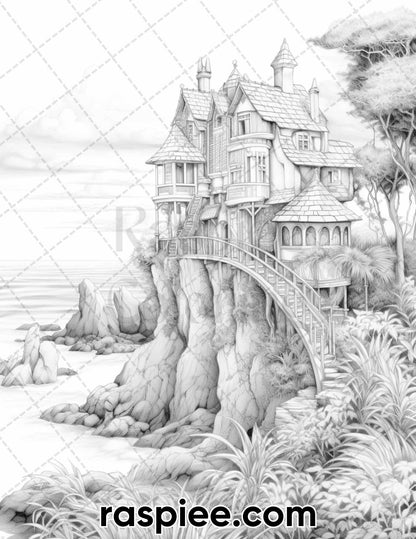 50 Fairy Beach Houses Grayscale Coloring Pages for Adults, Printable PDF Instant Download