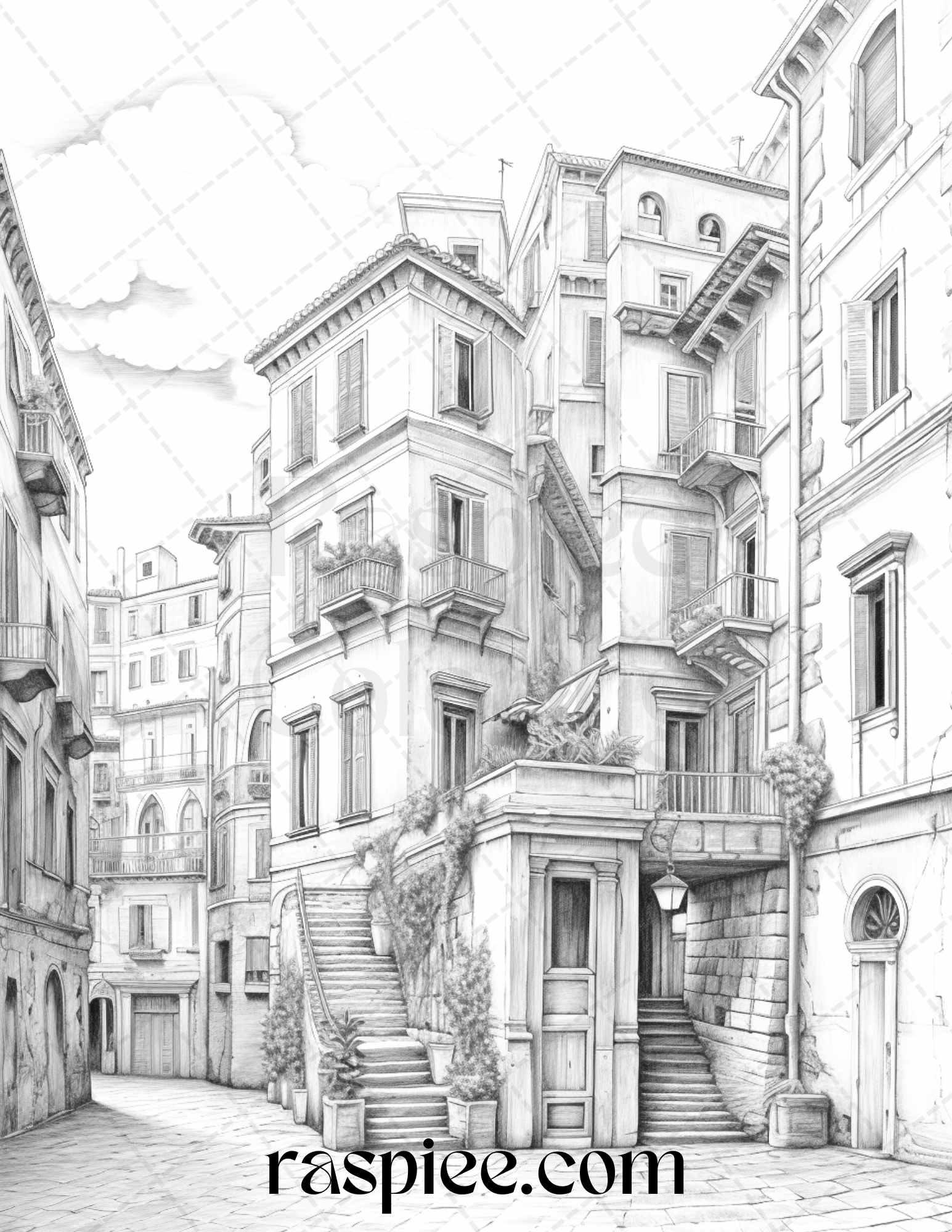 Roman Architecture Grayscale Coloring Pages Printable for Adults, PDF File Instant Download
