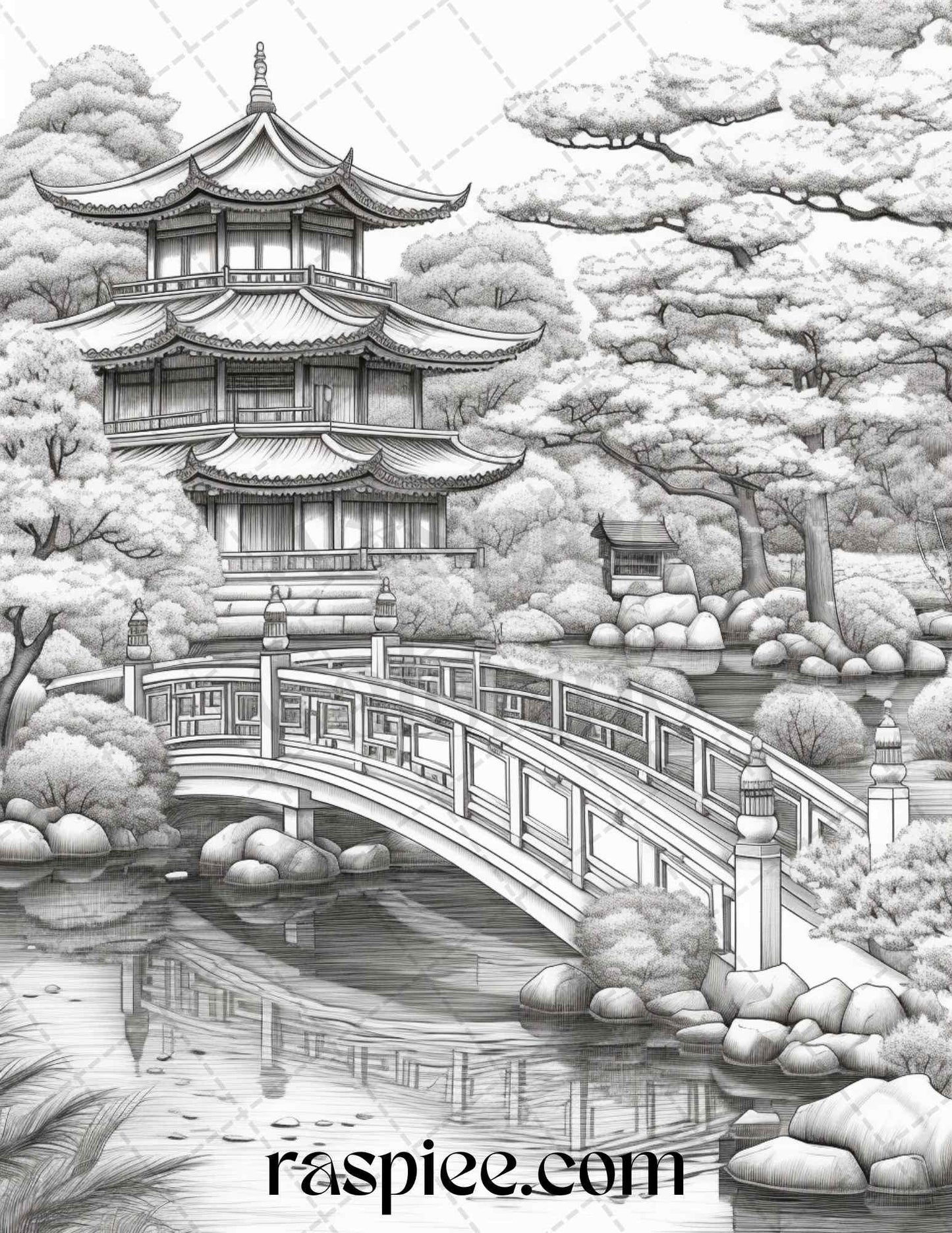 Japanese Garden Grayscale Coloring Pages Printable for Adults, PDF File Instant Download