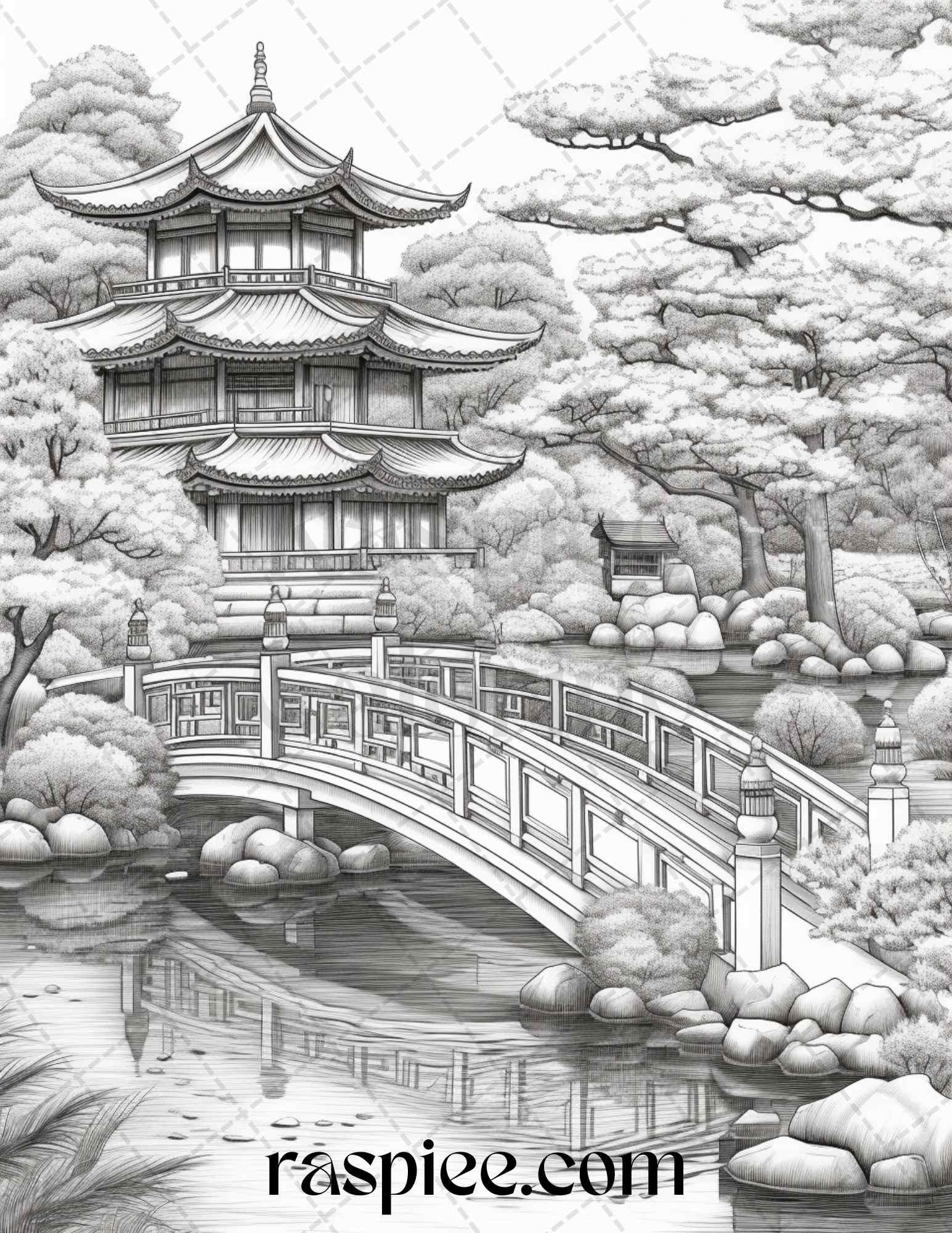 Japanese Garden Grayscale Coloring Pages Printable for Adults, PDF File Instant Download