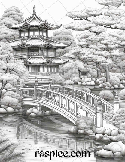 Japanese Garden Grayscale Coloring Pages Printable for Adults, PDF File Instant Download