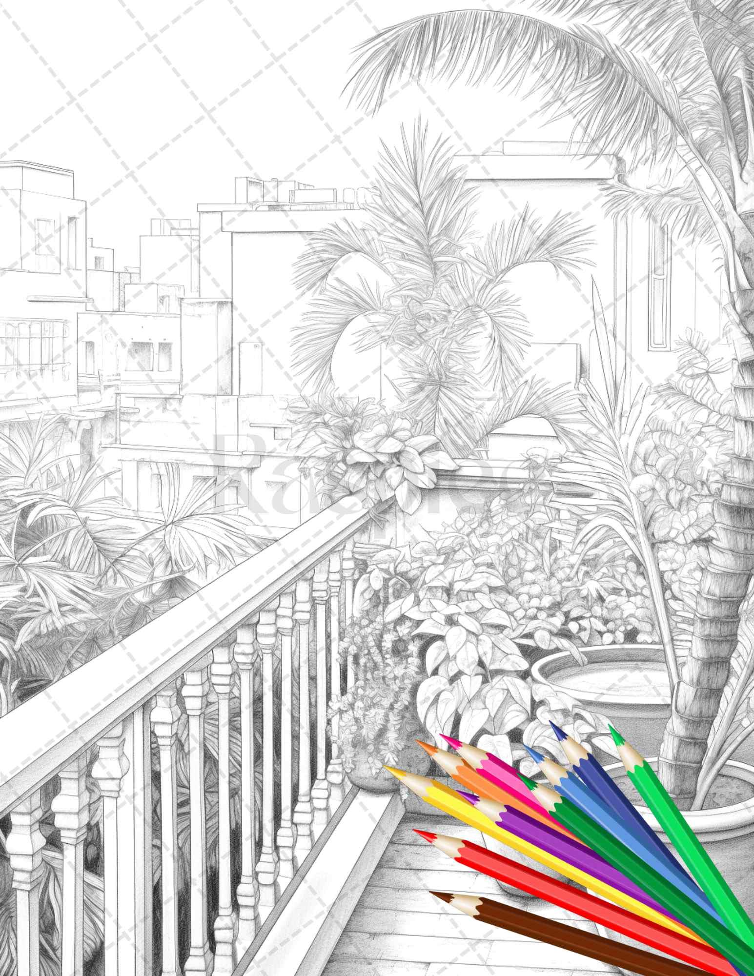 Charming Balcony Garden Grayscale Coloring Pages Printable for Adults, PDF File Instant Download