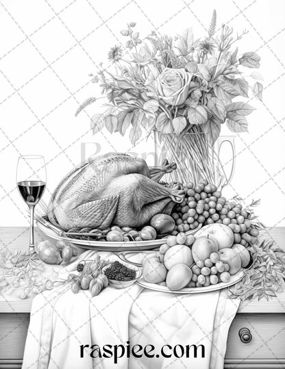 Thanksgiving Dinner Grayscale Coloring Pages for Adults, Relaxing Fall Coloring Sheets, Printable PDF File Instant Download