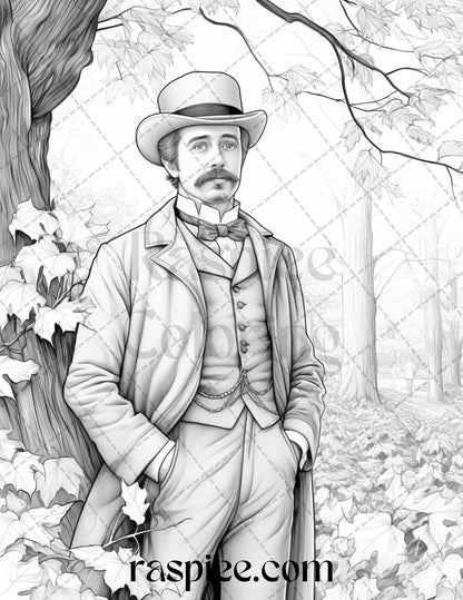 60 Victorian Autumn Portrait Grayscale Coloring Pages Printable for Adults, PDF File Instant Download