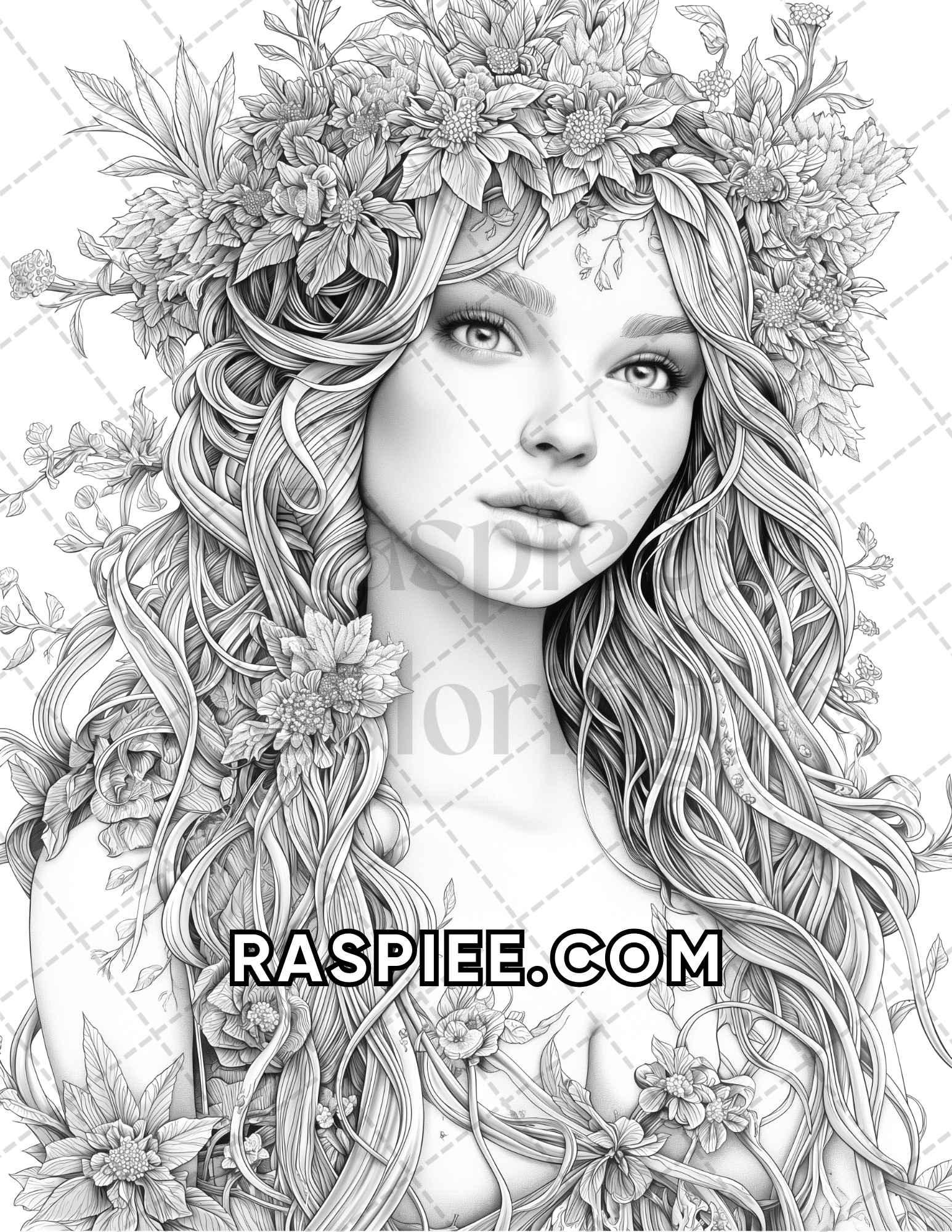 60 Fantasy Beauties Grayscale Adult Coloring Pages Printable PDF Instant Download