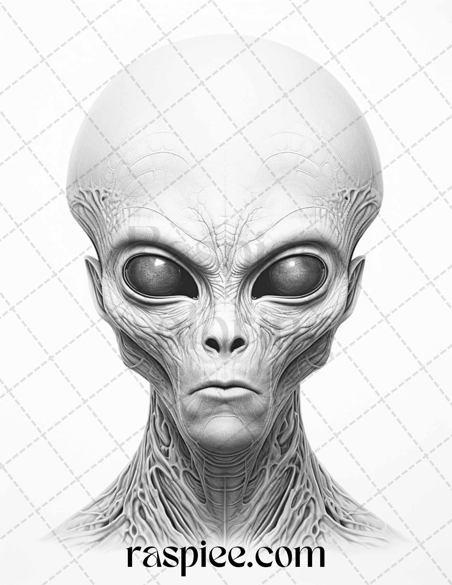 65 Alien Portrait Grayscale Coloring Pages for Adults, Printable PDF File Instant Download