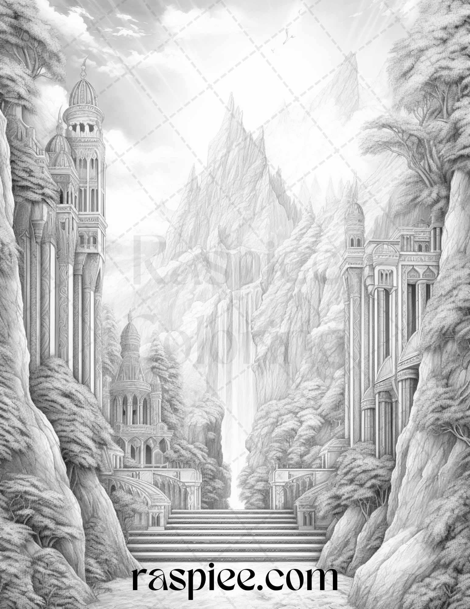 Mystical World Grayscale Coloring Pages Printable for Adults, Enchanting Fantasy Designs, PDF File Instant Download