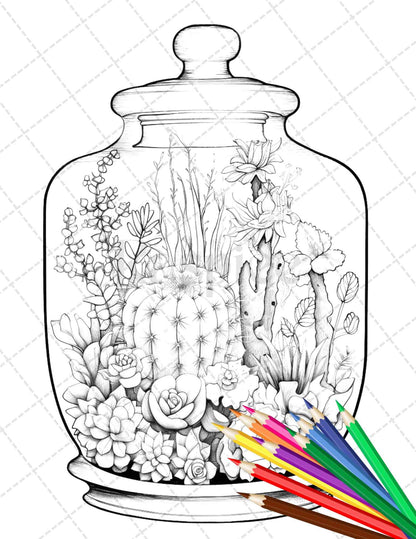 34 Enchanted Terrarium Grayscale Coloring Pages Printable for Adults, PDF File Instant Download