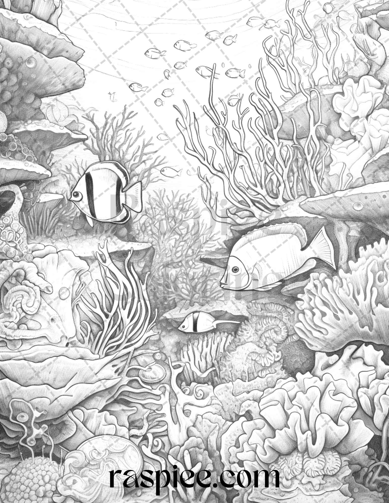 Ocean Life Grayscale Coloring Pages Printable for Adults Relaxation and Creativity, PDF File Instant Download