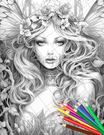 Beautiful Dark Fairy Grayscale Coloring Pages Printable for Adults, PDF File Instant Download